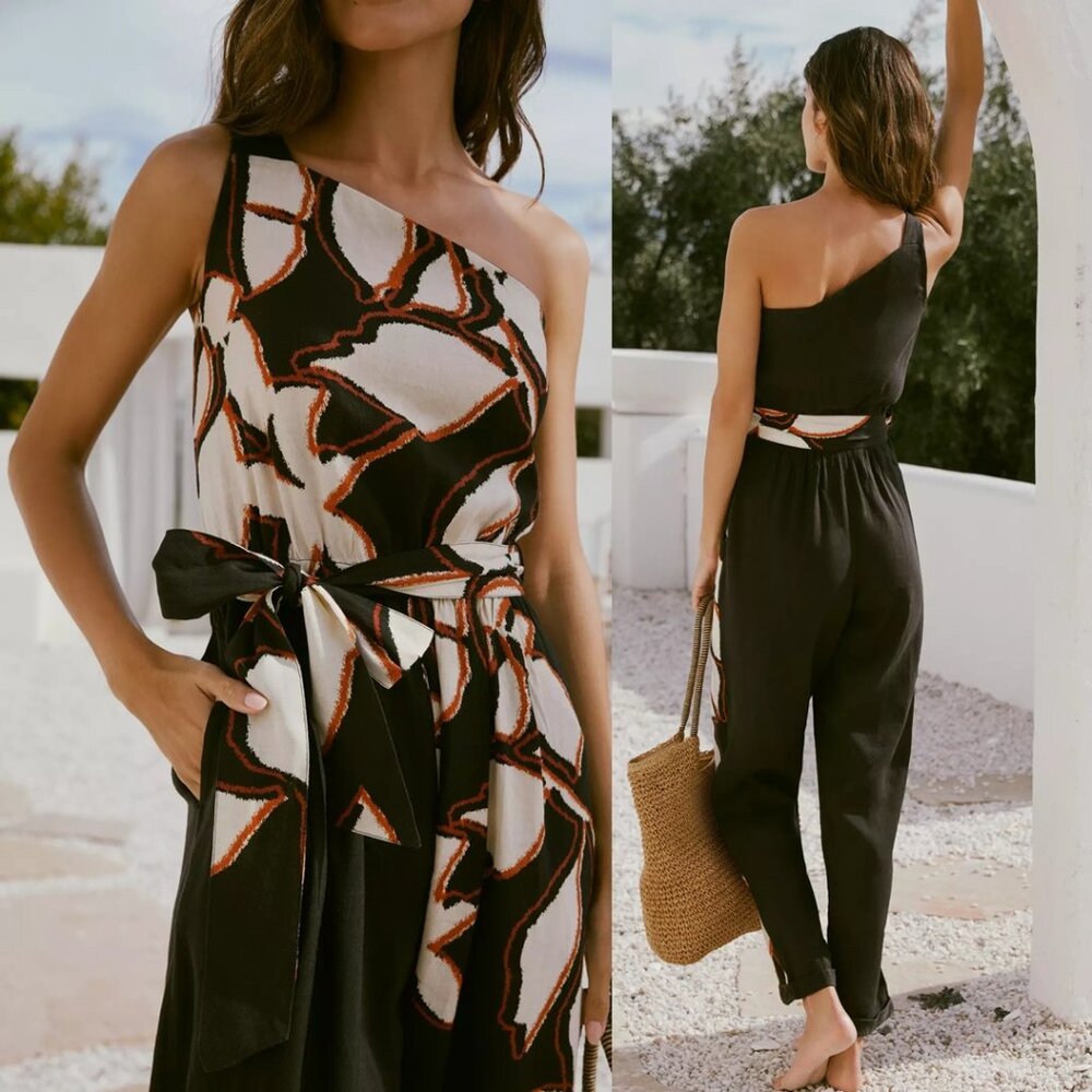 NEW Anthropologie The Micah One-Shoulder Jumpsuit Black Brown Cream Floral Tie